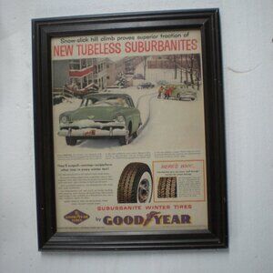 VINTAGE GOODYEAR TIRE AD SIGN 1950 FORD FRAMED... NICE!